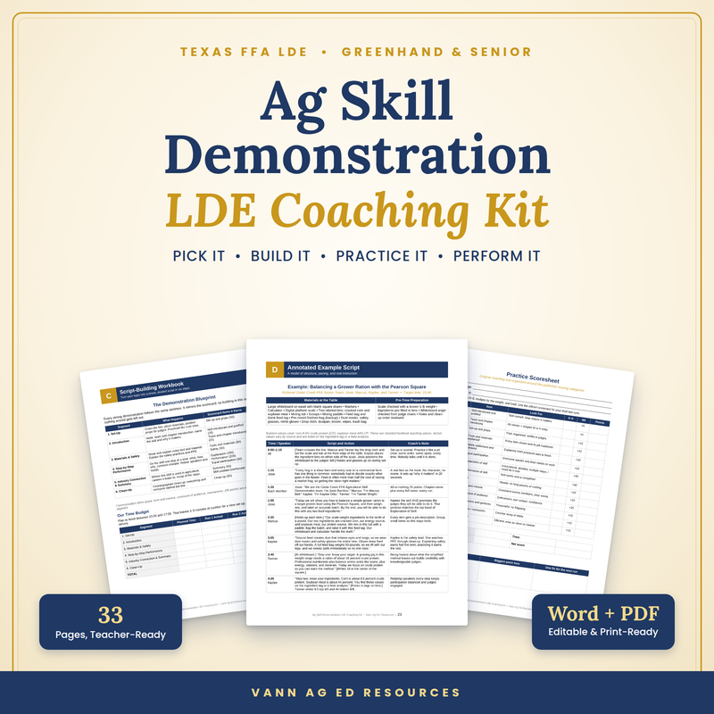 Ag Skill Demonstration LDE Coaching Kit cover, 33-page team coaching system with example script and practice scoresheet