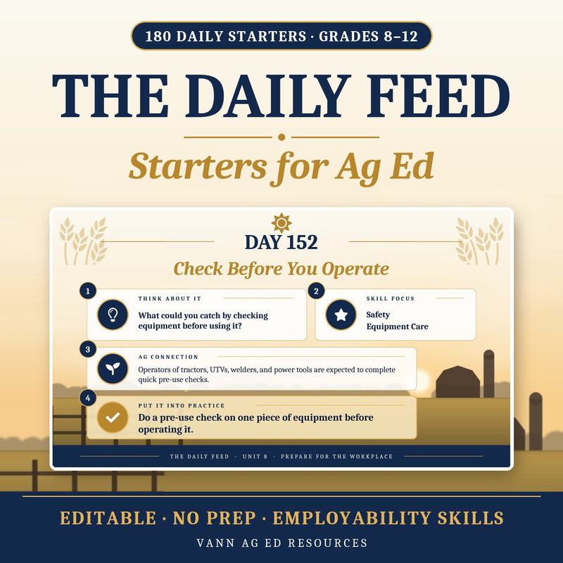 The Daily Feed Starters for Ag Ed cover, 180-day editable PowerPoint of daily bell ringers for agriculture classrooms