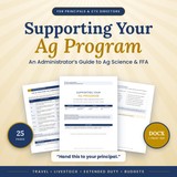 Supporting Your Ag Program administrator's guide cover, a 25-page editable guide to agricultural science and FFA for principals and CTE directors