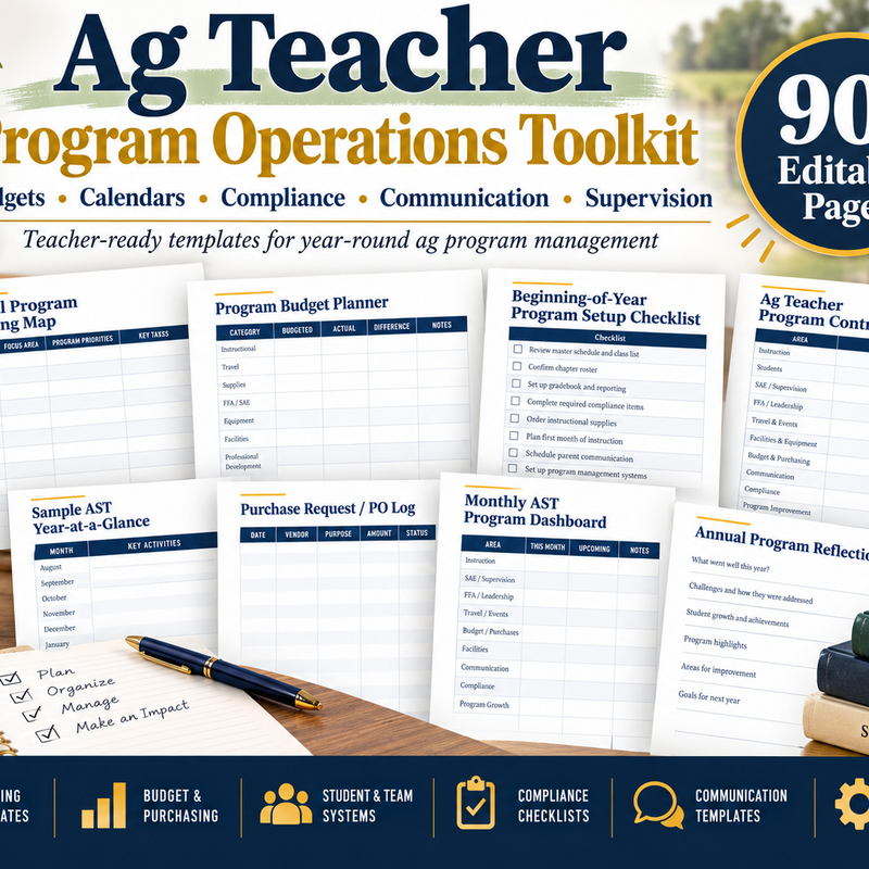 Ag Teacher Program Operations Toolkit cover, 90-page editable program management system with Control Center dashboard