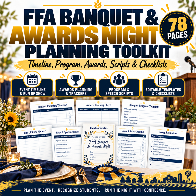 FFA Banquet and Awards Night Planning Toolkit cover, 78-page editable banquet script and event planning system