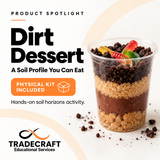 Dirt Dessert edible soil profile classroom kit with pudding, crushed cookies, and gummy worms layered in cups