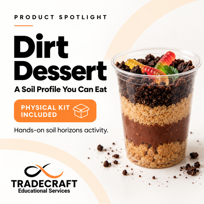 Dirt Dessert edible soil profile classroom kit with pudding, crushed cookies, and gummy worms layered in cups