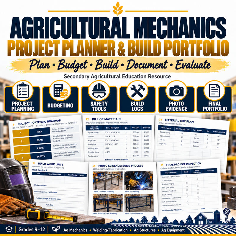 Agricultural Mechanics Project Planner and Build Portfolio cover, 43-page shop project workflow and documentation system