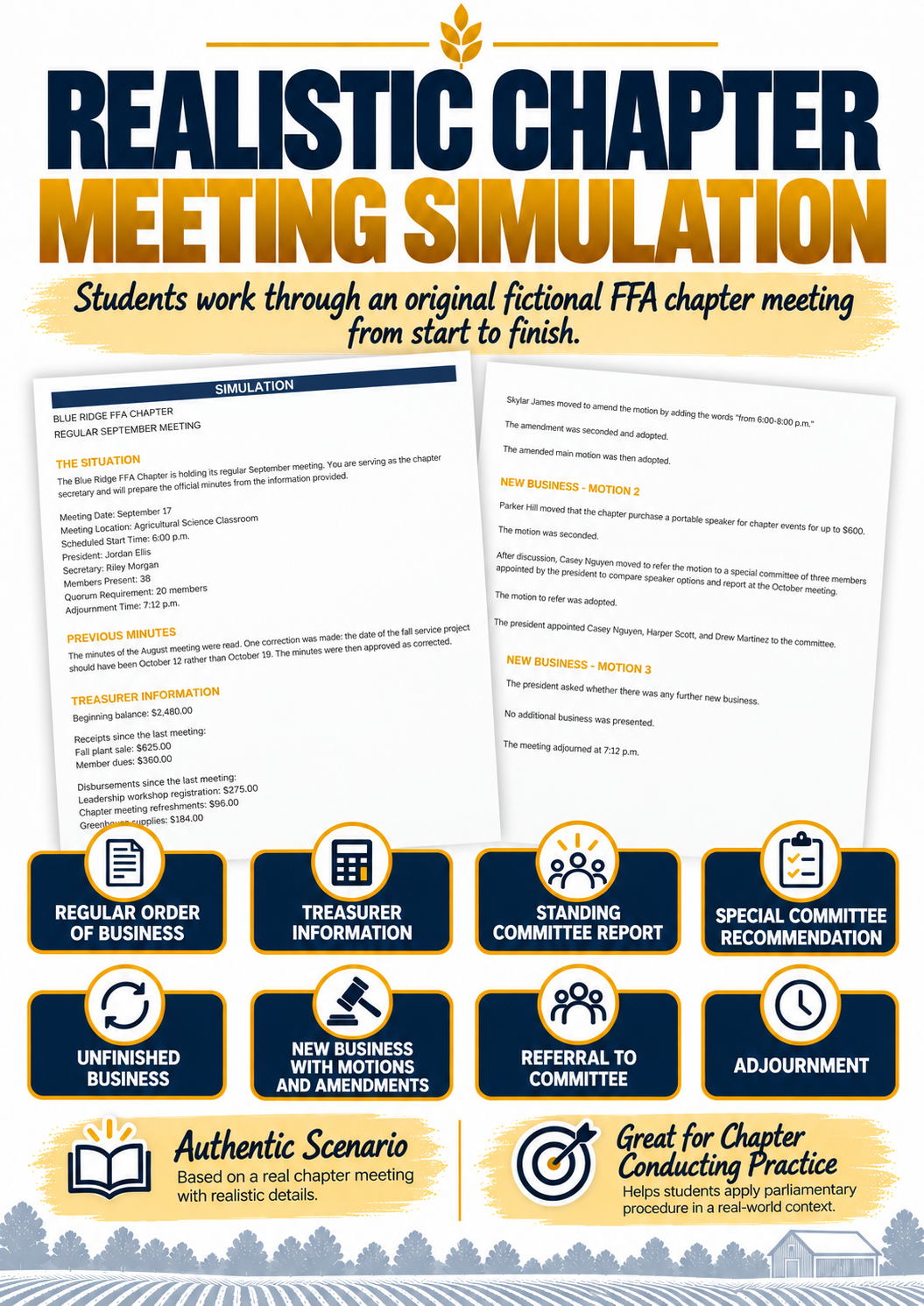 Chapter meeting records simulation cover, secondary agricultural education minutes and treasurer's report practice