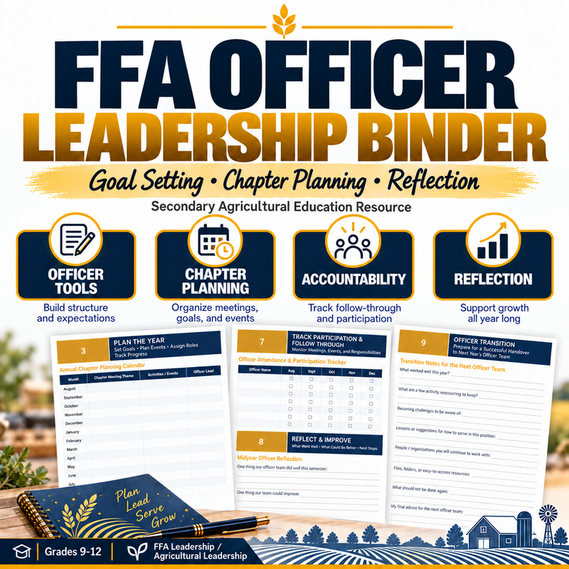 FFA Officer Leadership Binder cover, full-year officer team planning and goal-setting system