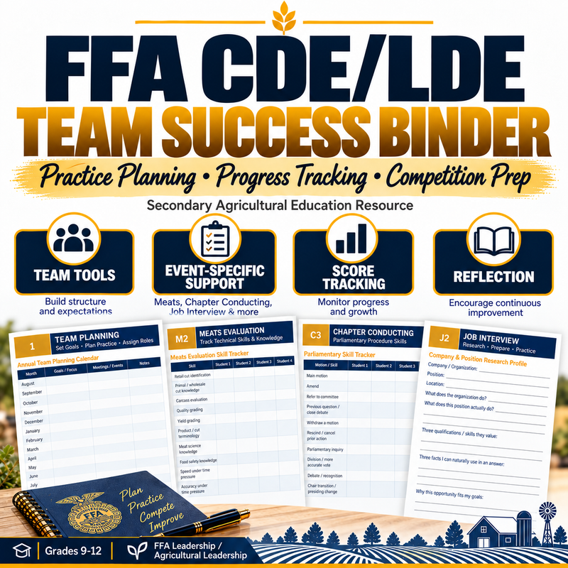 Reusable CDE/LDE coaching system with Meats, Chapter Conducting & Job Interview supplements. Practice tracking & rubrics.