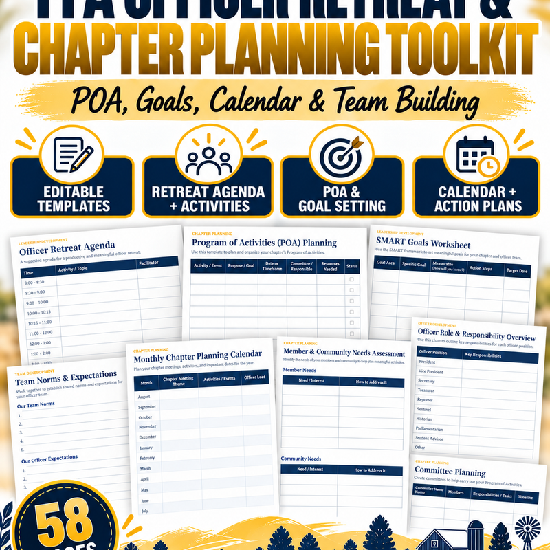 FFA Officer Retreat and Chapter Planning Toolkit cover, 58-page editable officer goal-setting and POA planning system
