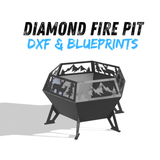 Diamond-pattern steel fire pit with CNC-cut deer and mountain scene design, glowing from an internal fire