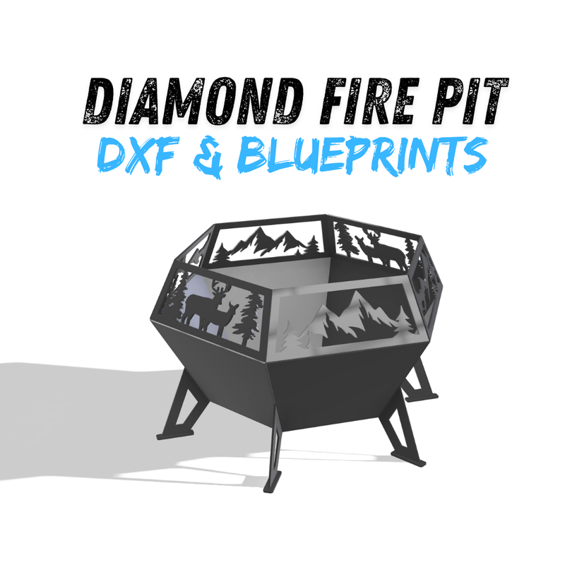 Diamond-pattern steel fire pit with CNC-cut deer and mountain scene design, glowing from an internal fire