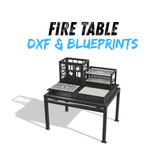 Steel fire table with firebox, slotted grill grate, griddle plate, and multi-level grate, Texas cutout details