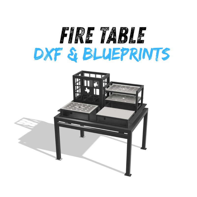 Steel fire table with firebox, slotted grill grate, griddle plate, and multi-level grate, Texas cutout details