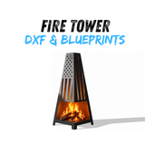 Steel fire tower with American flag-inspired cutout design, glowing from an internal fire