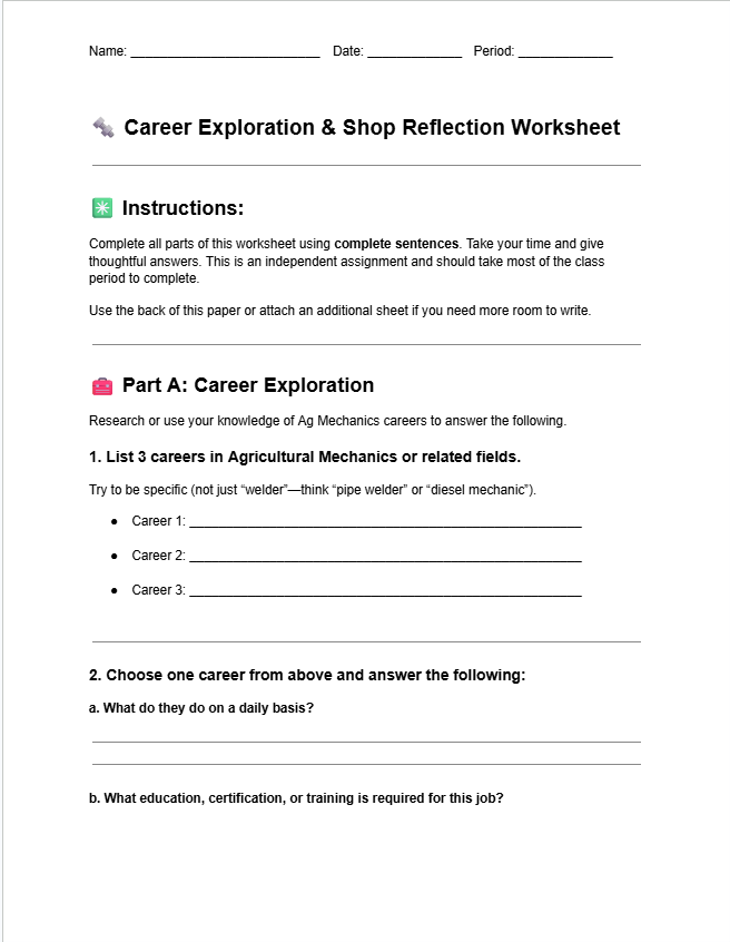 Ag Mechanics Emergency Sub Plans: 10 No-Prep Worksheets