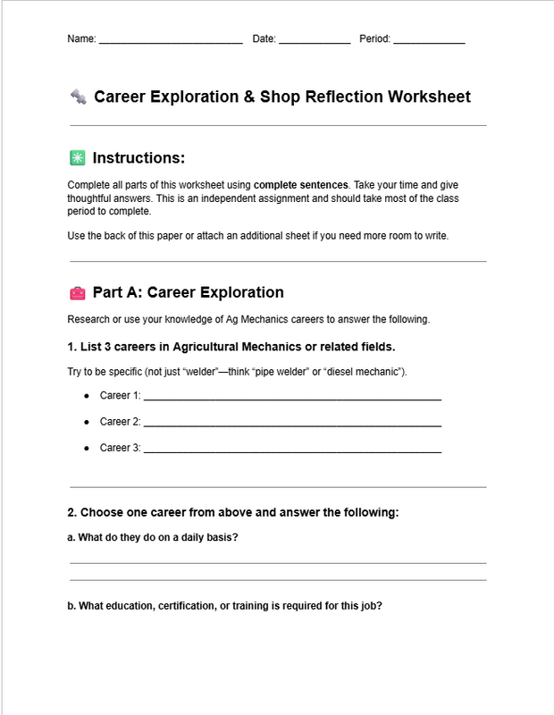 Ag Mechanics Emergency Sub Plans: 10 No-Prep Worksheets