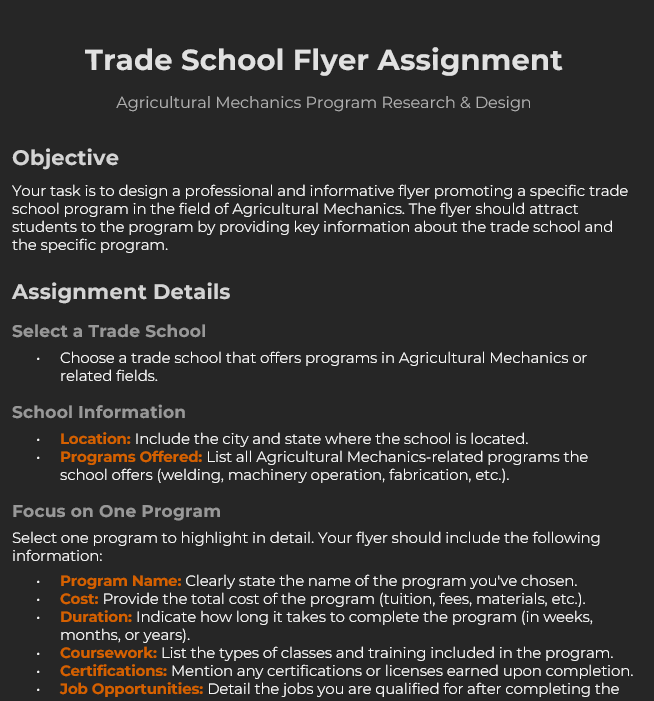 Trade School Flyer Assignment - Agricultural Mechanics Career Research Project