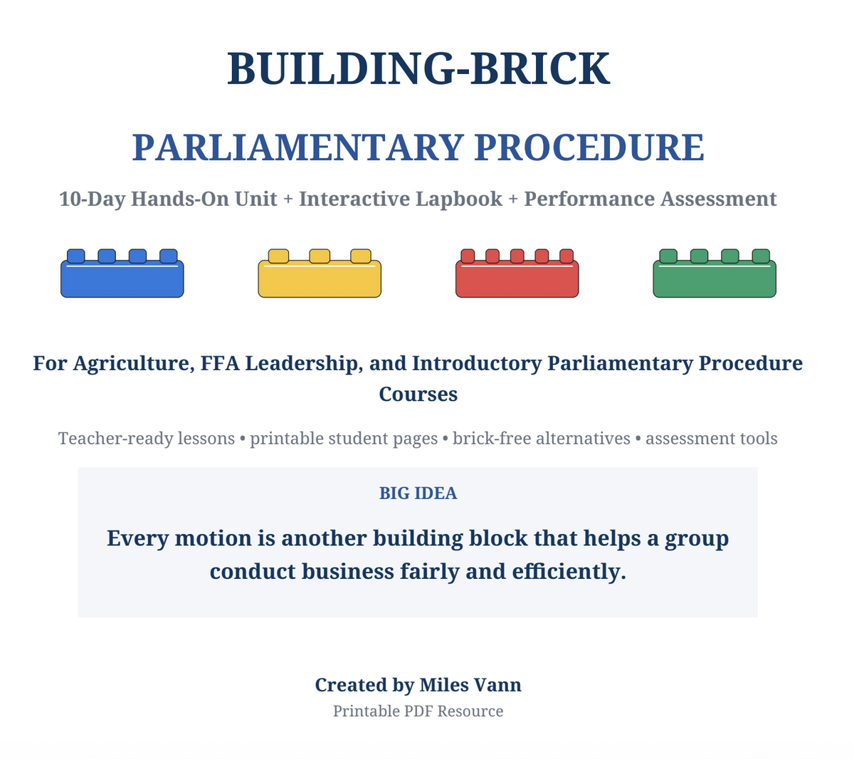 Building-brick parliamentary procedure classroom activity, students using interlocking bricks to practice motions
