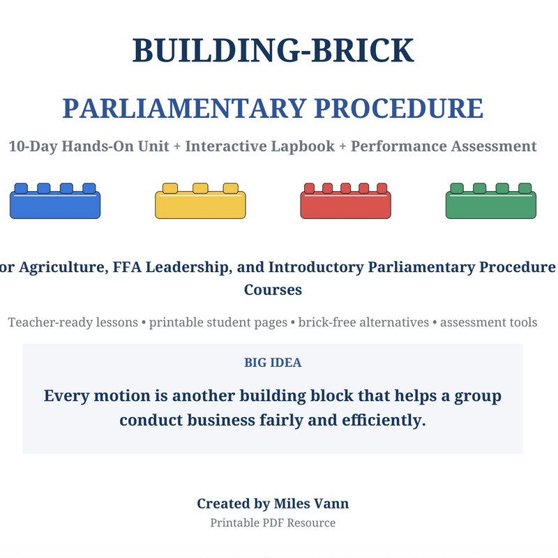 Building-brick parliamentary procedure classroom activity, students using interlocking bricks to practice motions